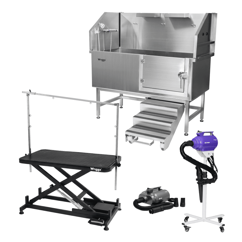 Waggz Complete Grooming Station Bundle – Step-Low Lite 47” Table + Roll-Lock 50” Tub - Image 1
