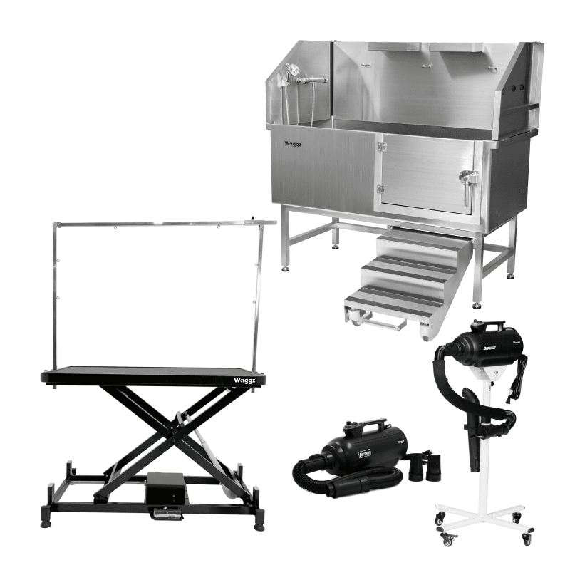 WL-808-BUNDLE_1 (1) Waggz Complete Grooming Station Bundle – Step-Low Lite 47” Table + Roll-Lock 50” Tub - Image 1