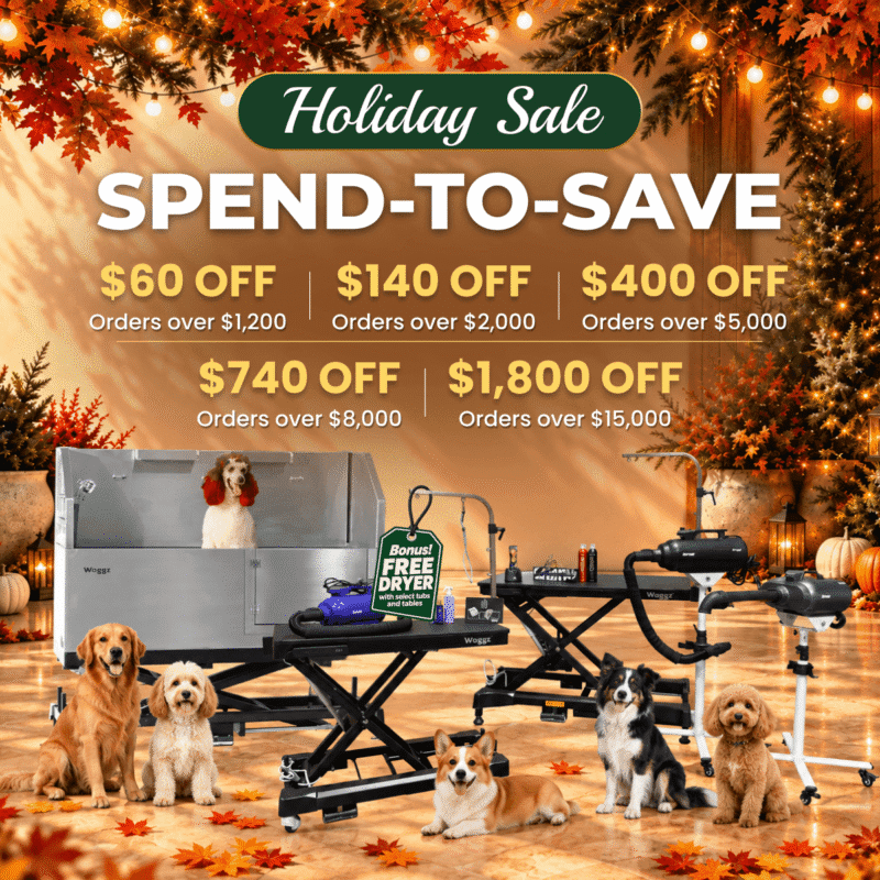 Waggz holiday sale on grooming tables, tubs and dryers